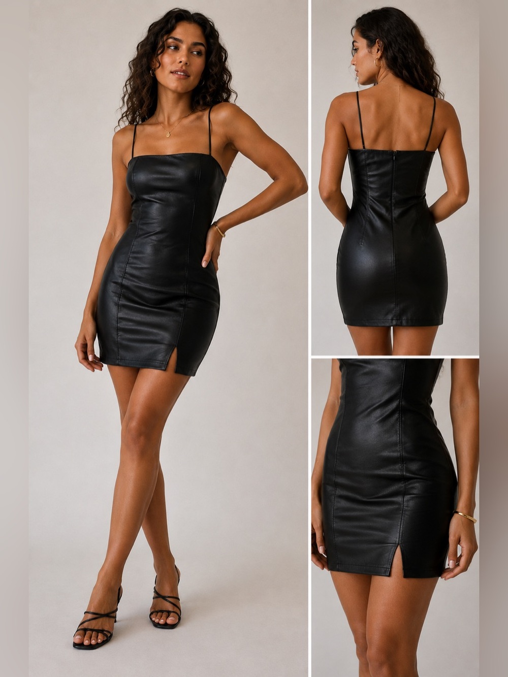 Susana Monaco Black Faux Leather Mini Dress S Spaghetti Strap Bodycon Y2K Chic